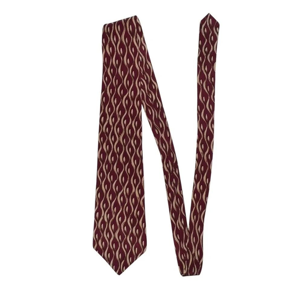 Vintage Chaps Ralph Lauren Mens Red‎ Beige Print All Silk Neck Tie USA Preppy
